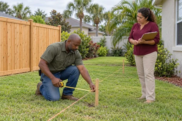 Fence contractor measures a backyard fence line while a homeowner holds a clipboard beside a wood privacy fence.