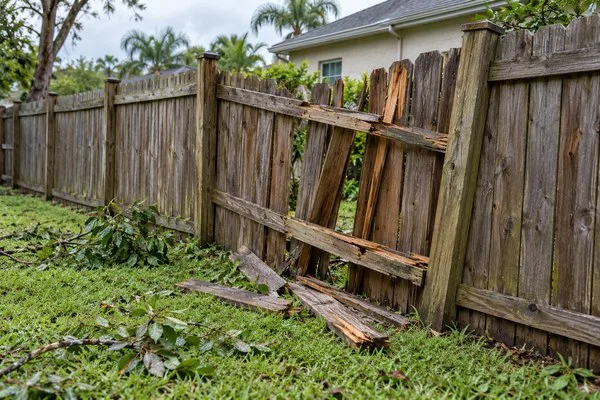 Storm-damaged wood fence with broken rails and pickets, with fallen branches scattered across the backyard grass.