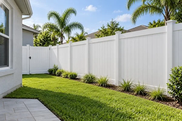 White vinyl privacy fence with a matching gate borders a landscaped backyard beside a stucco home.