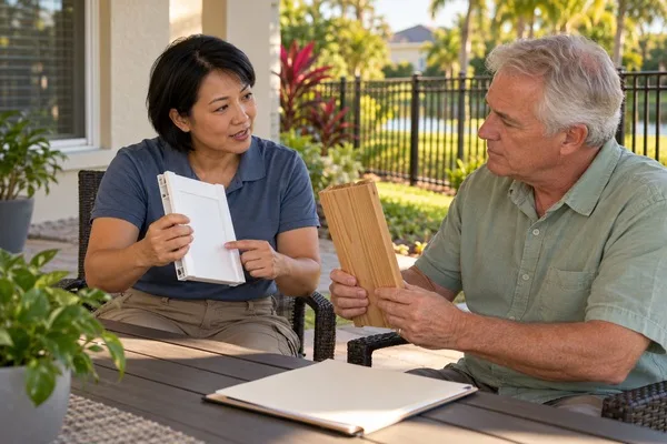 Fence contractor discusses vinyl and wood material samples with a homeowner at a backyard patio table.